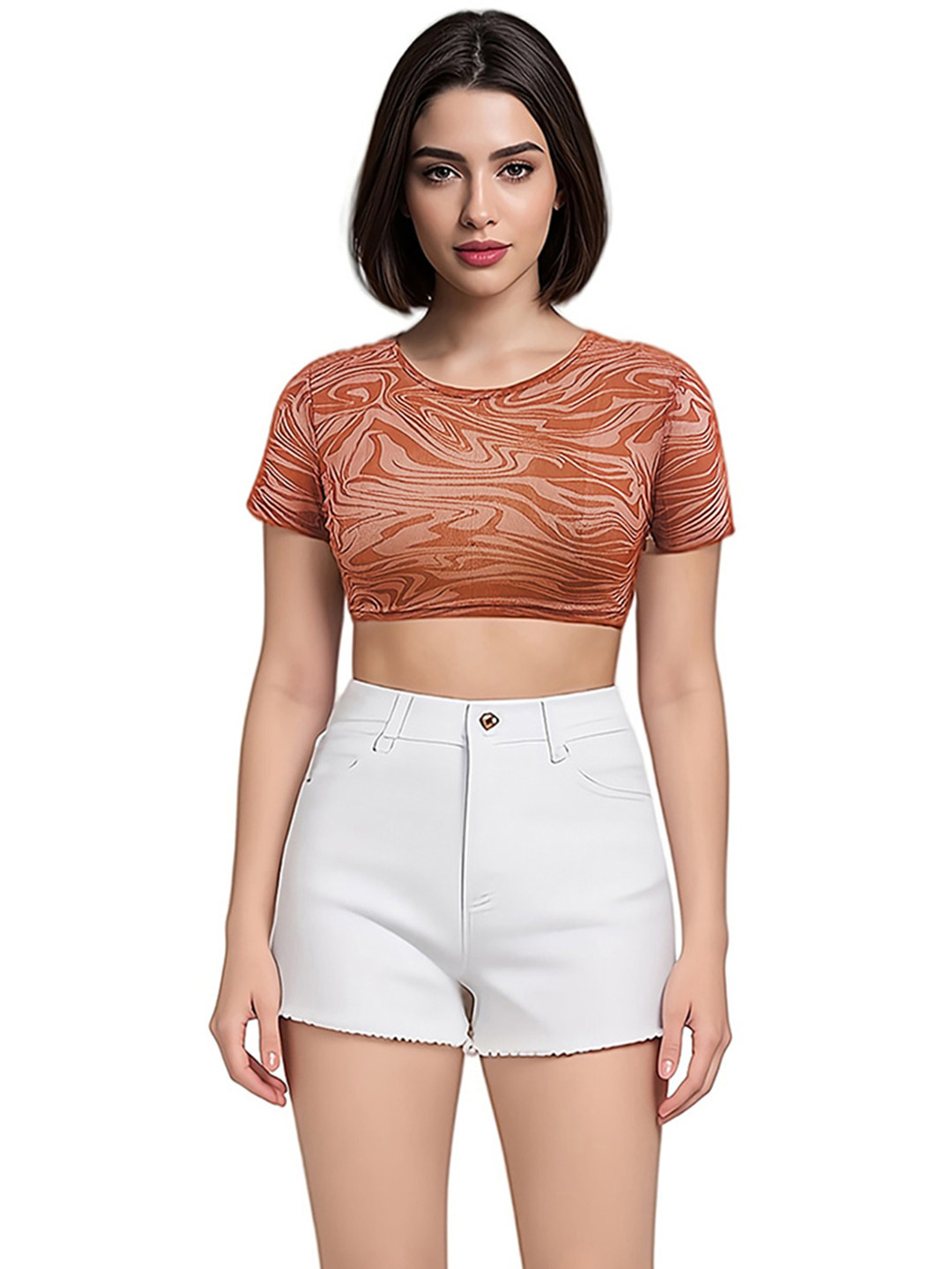 StyleCast Rust Abstract Print Super Crop Fitted Top