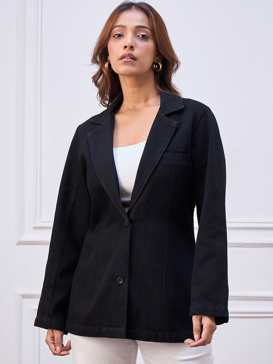 StyleStone Notched Lapel Single-Breasted Denim Blazer