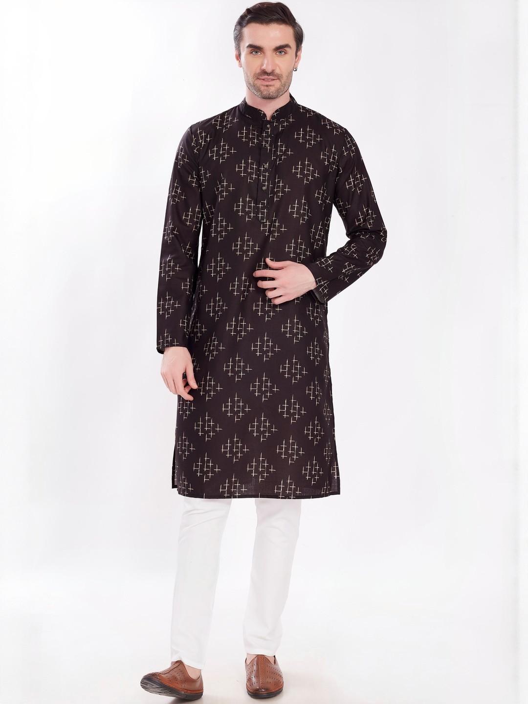 PulseIQ Men Linen Cotton Blend Printed Regular Fit Long Kurta