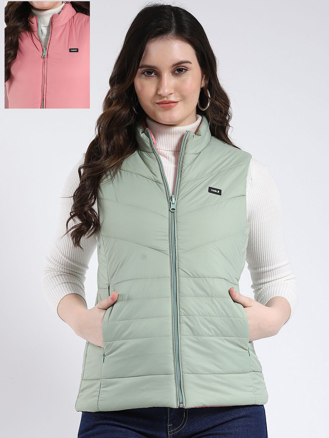 rock.it Women Stand Collar Solid Reversible Puffer Jacket