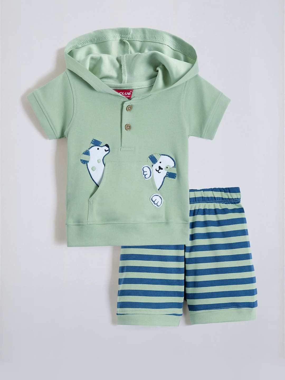 Hopscotch Boys Green Dog Patch Hooded Pure Cotton Casual Clothing Set