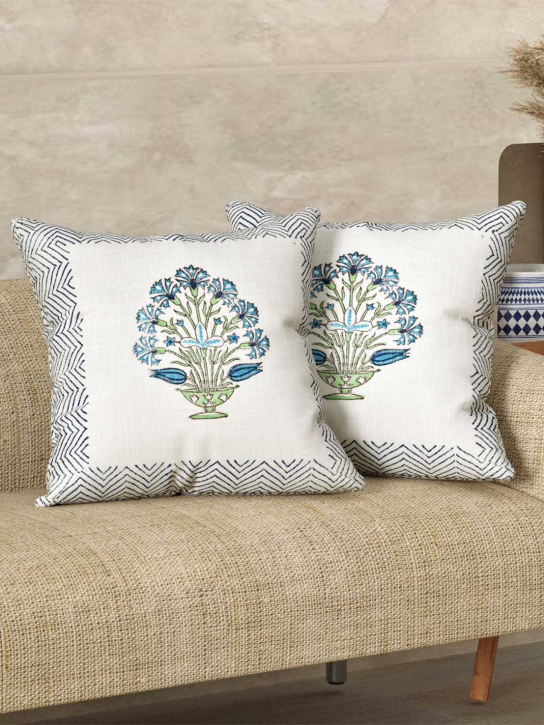 LIVING ROOTS Set Of 2 Hand Block Printed Heavy Slub Cotton Cushion Covers
