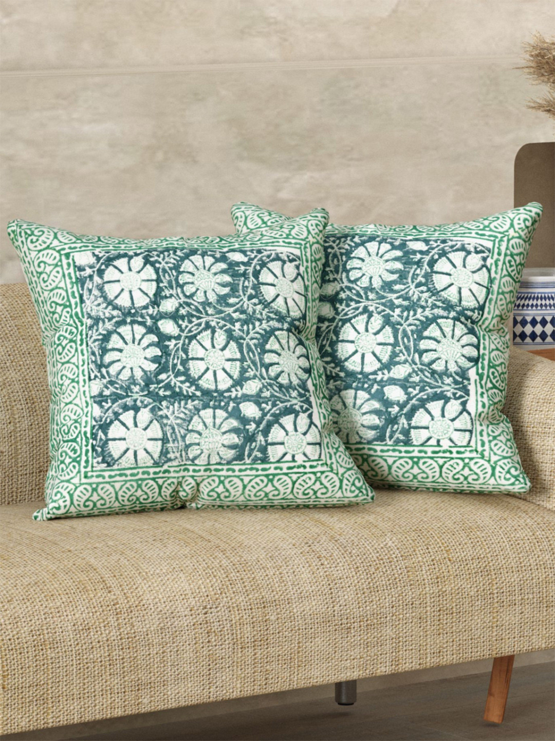 LIVING ROOTS Floral Cotton 2 Pcs Embroidered Square Cushion Covers - 15.7 x 15.7 In