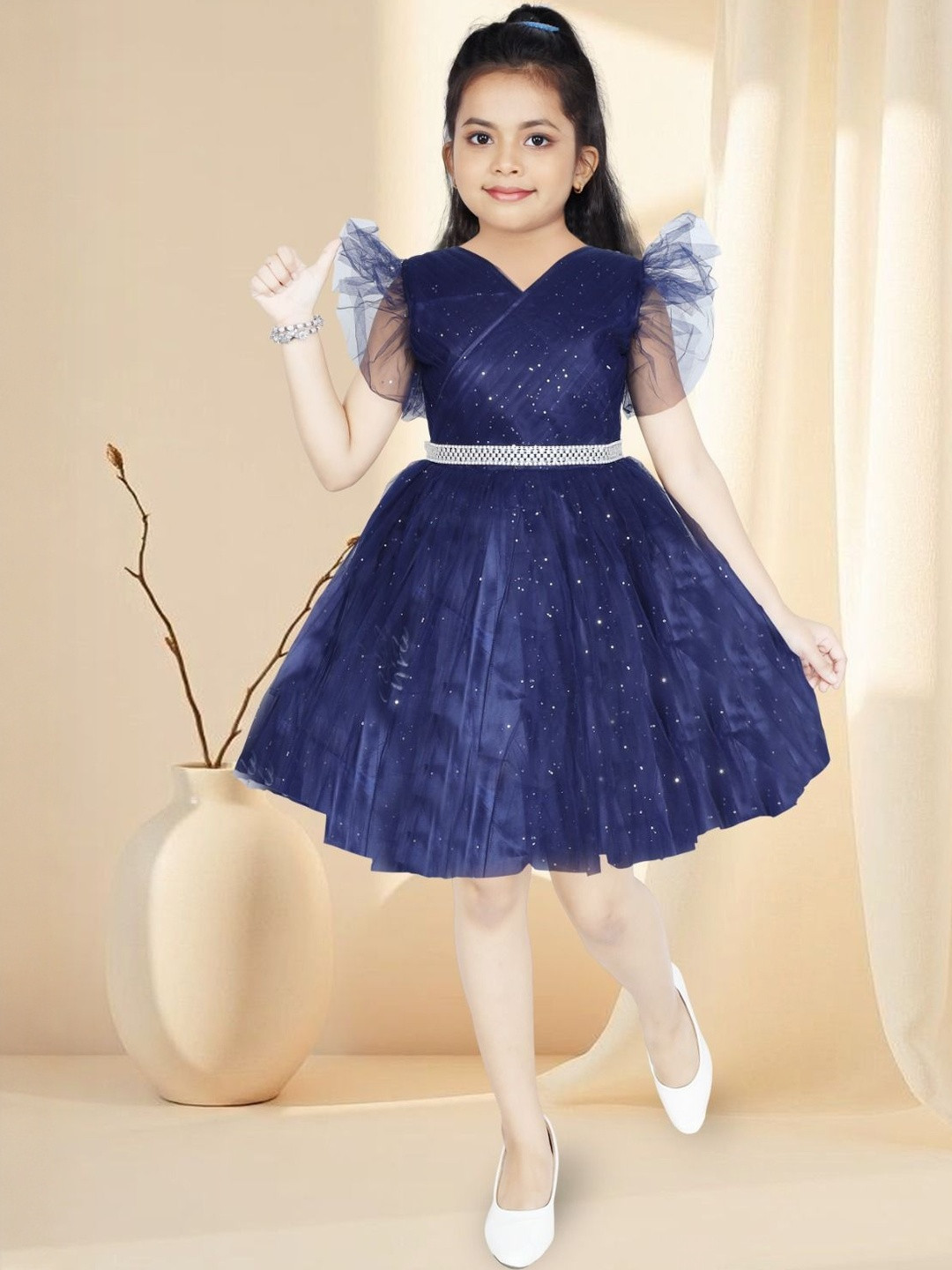 KJD Girls Ruffled Blue Net Fit & Flare Dress