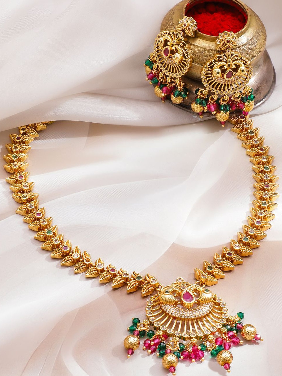 Rubans 22K Gold-Plated Ruby Pink Stone Necklace Set with Multicolor Pearl & Beaded Details