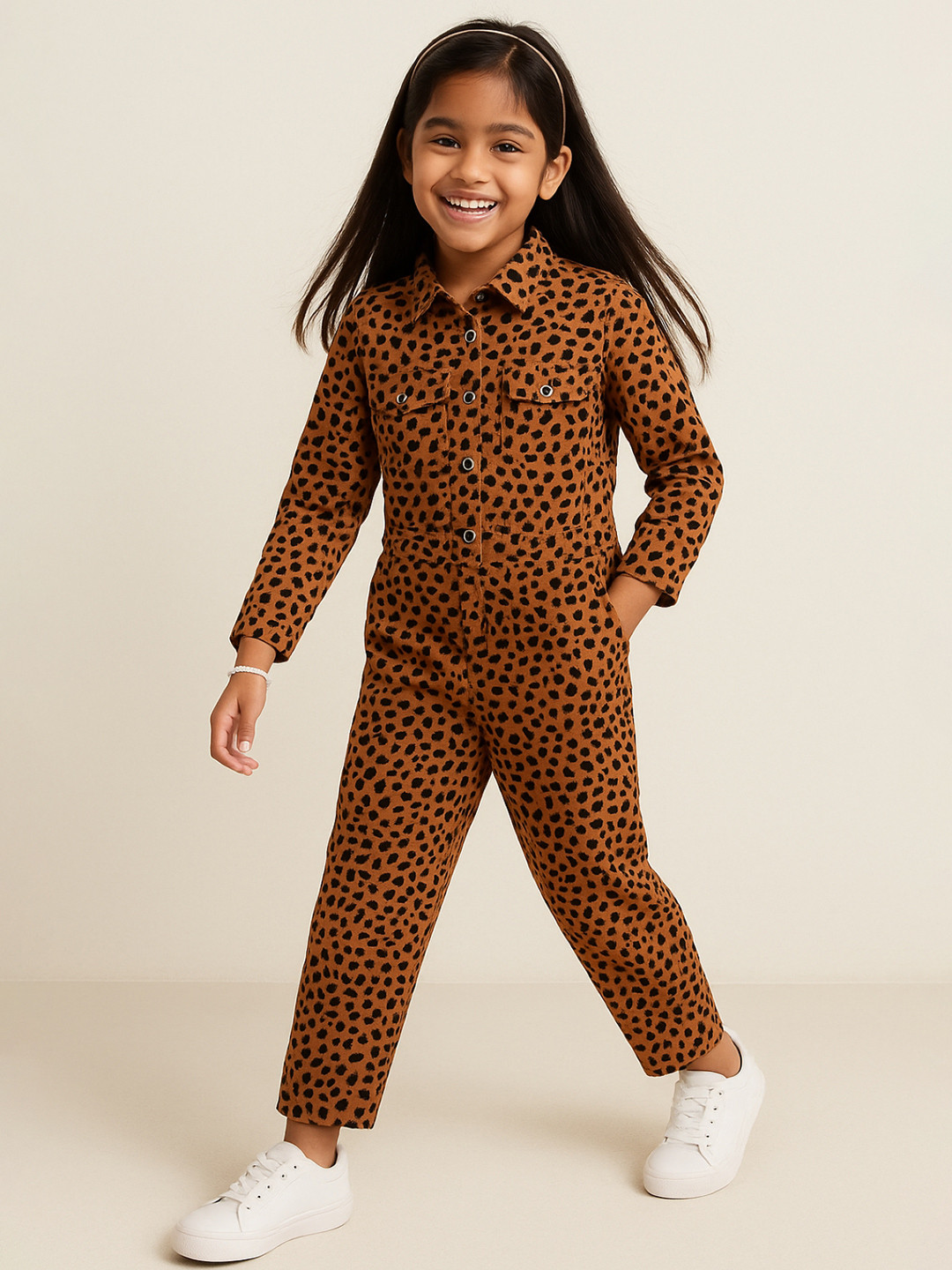 TALES & STORIES Girls Abstract Printed Shirt Collar Basic Jumpsuit