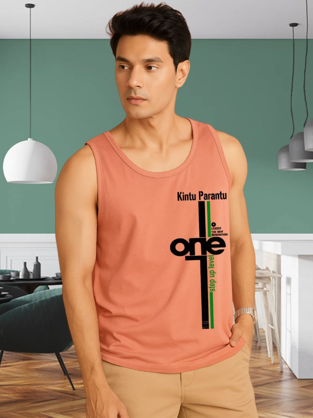 SZN Men Pink Printed Polyester Sleevesless Gym Vest