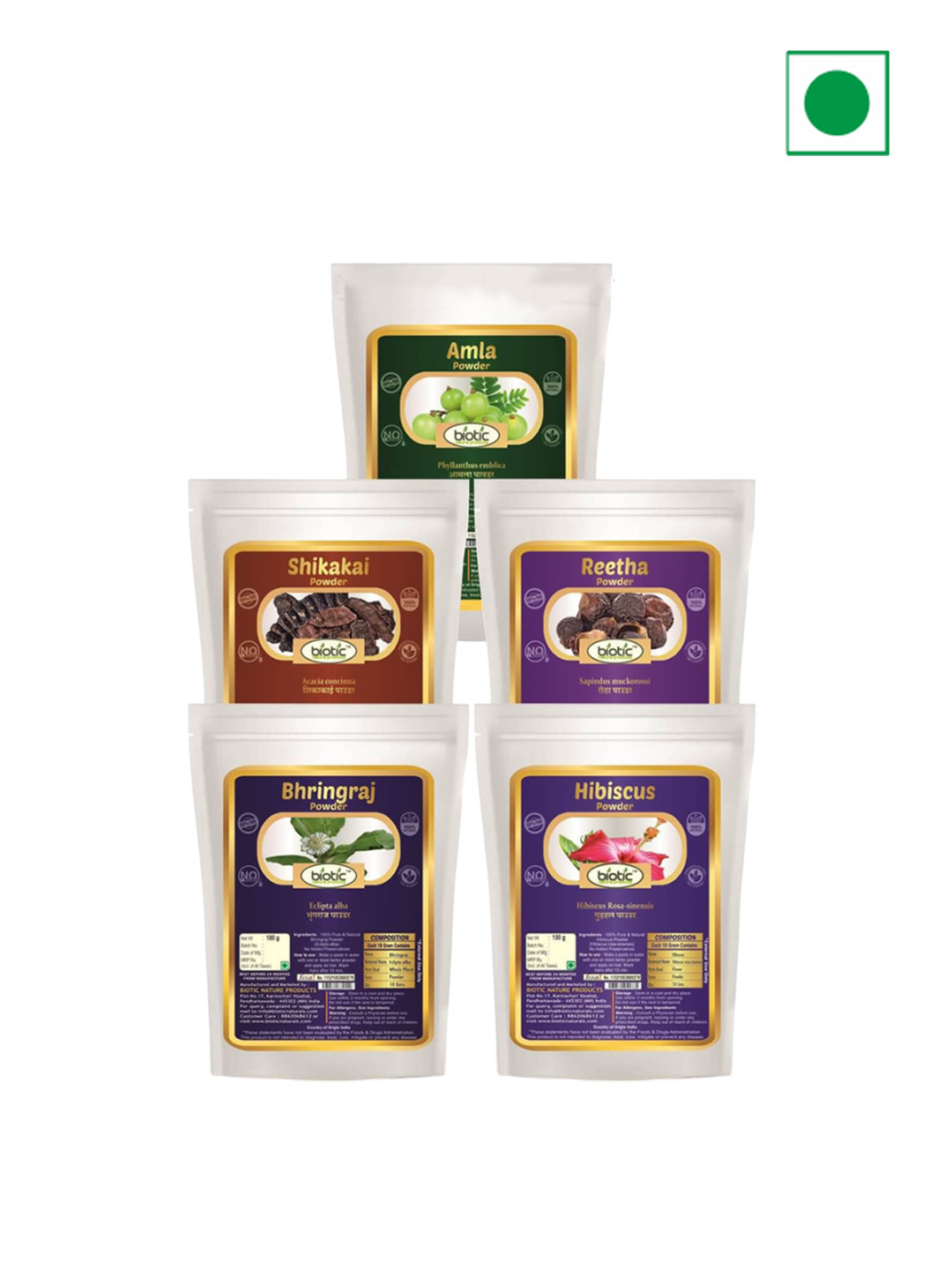 Biotic Set Of 5 Amla Reetha Shikakai Bhringraj Hibiscus Hair Mask Powder - 100 g Each
