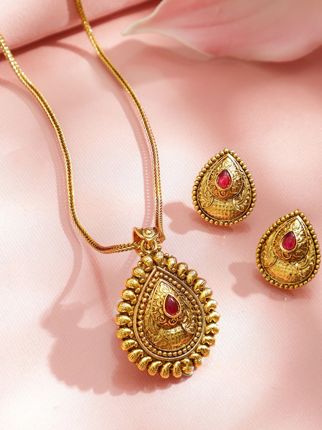 Rubans 22K Gold-Plated Teardrop Ruby Pink Stone Pendant Necklace Set with Earrings