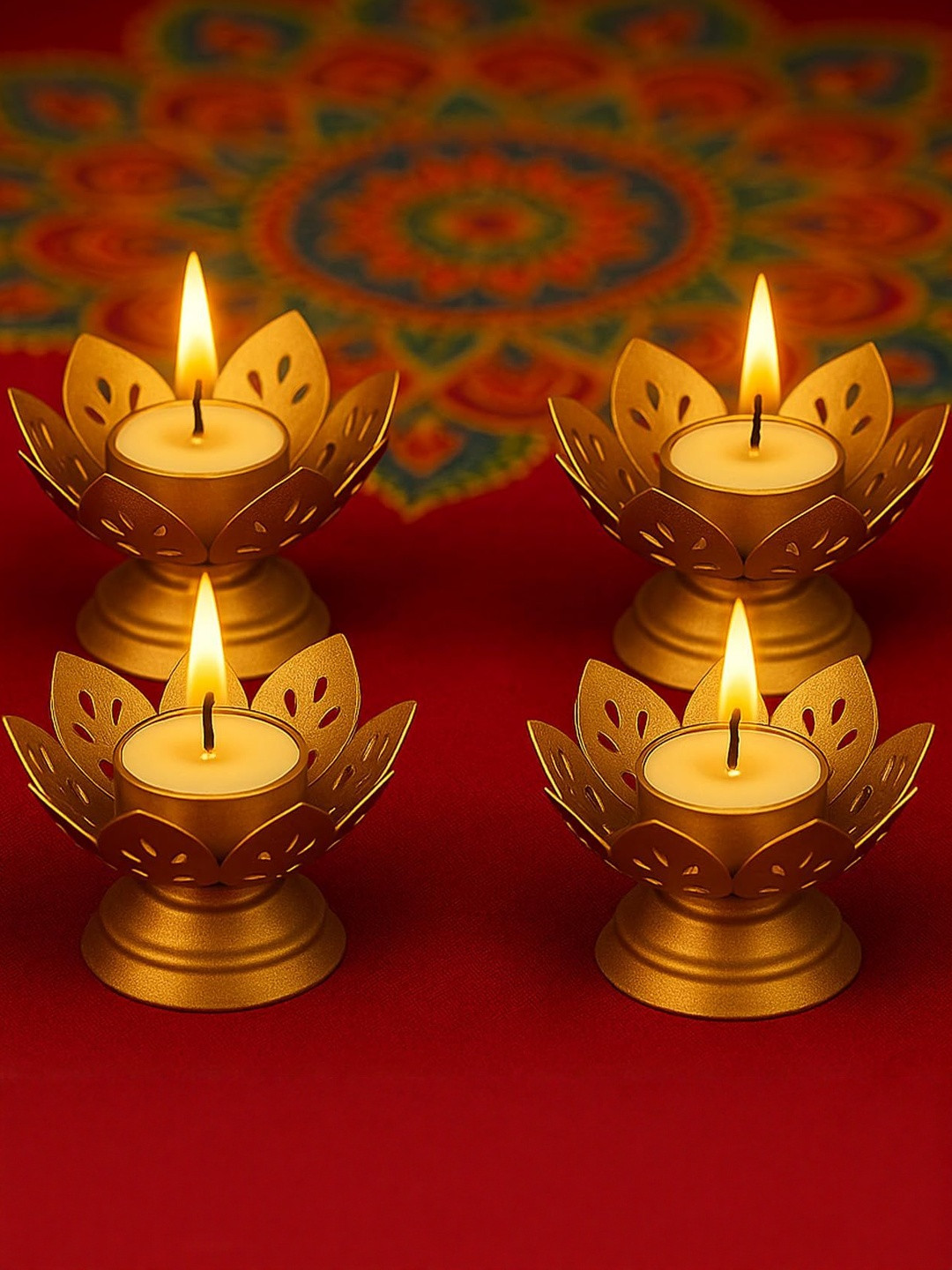 Go Hooked Set of 4pcs Lotus Tealight Handcrafted Metal Candle Stand Luxe Matte Gold Finish