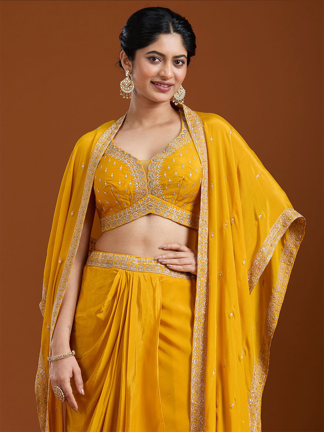 Koskii Embroidered Zari Work Sweetheart Neck Chiffon Crop Top & Cape With Drape Skirt