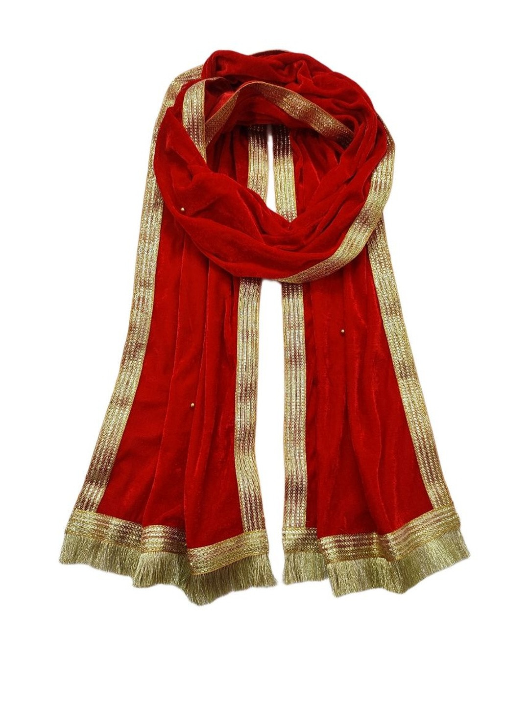 Navti Creations Men Red Velvet Dupatta with Beads and Stones