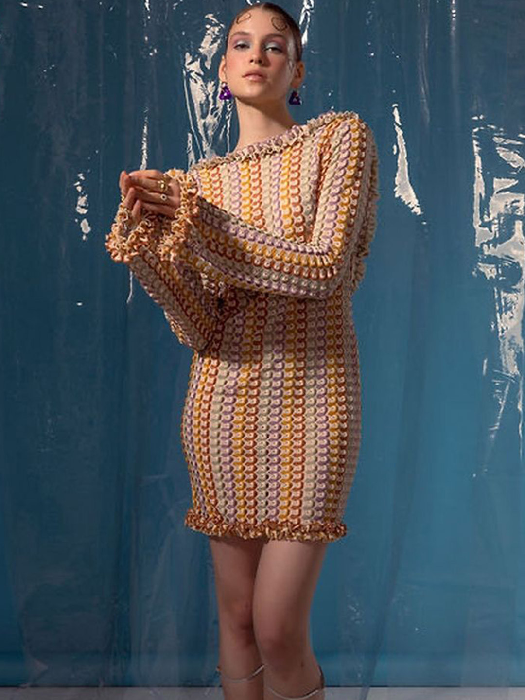 LULU & SKY Self Design Ruffled Crochet Open-back Bodycon Mini Dress