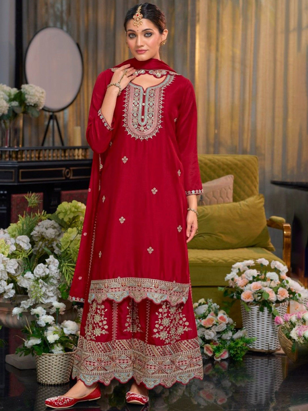 AUTUMN LANE Shorba Crimson Full Work Gharara set