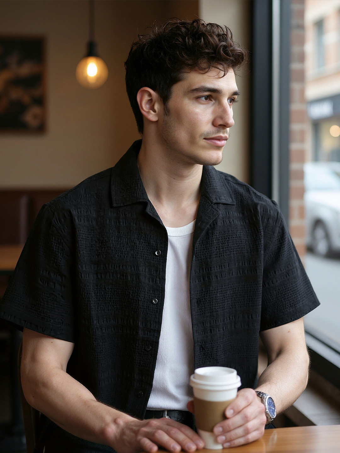 COVE AND LANE Relaxed Textured Cuban Collar Cotton Casual Shirt