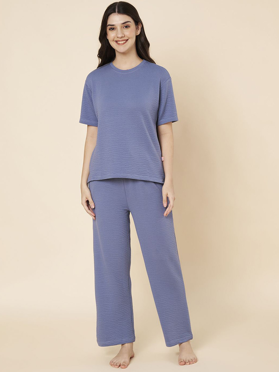 LABEL MY Women Textured Round Neck T-shirt with Trousers Night suit