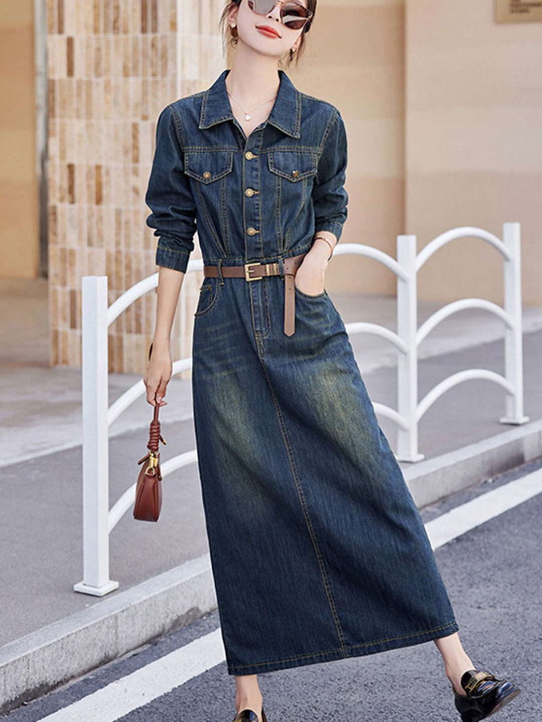 bebe Women Shirt Collar Shirt Long Sleeves Maxi Dress