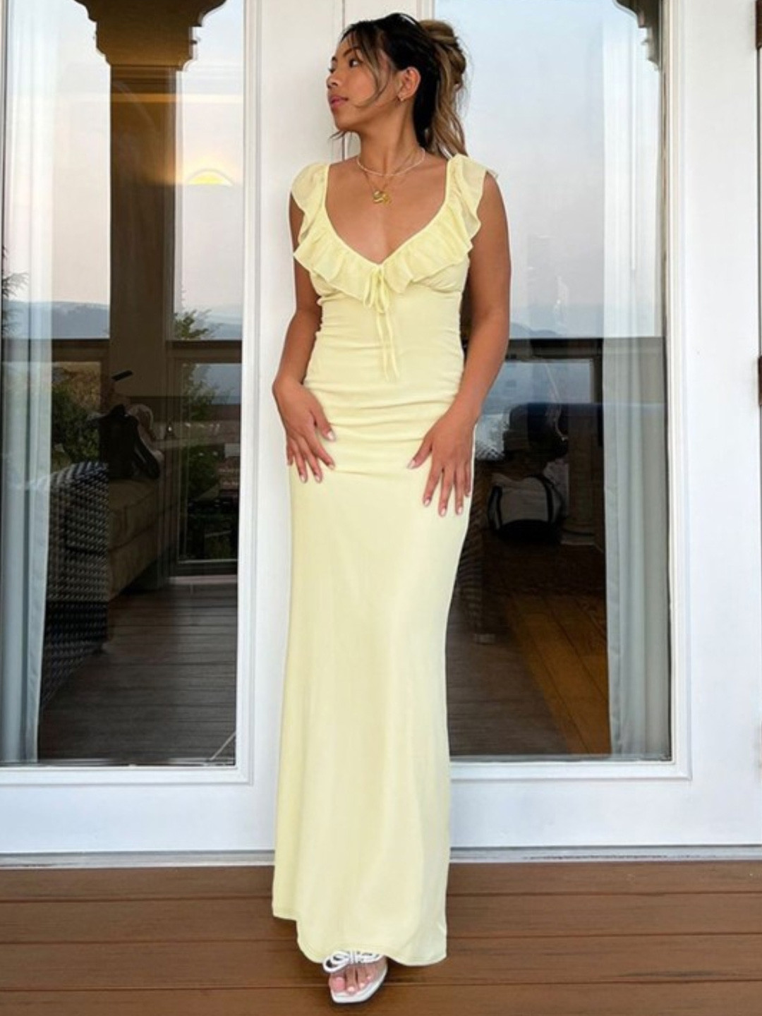 bebe Yellow Ruffle Neck Open Back Tie Maxi Dress