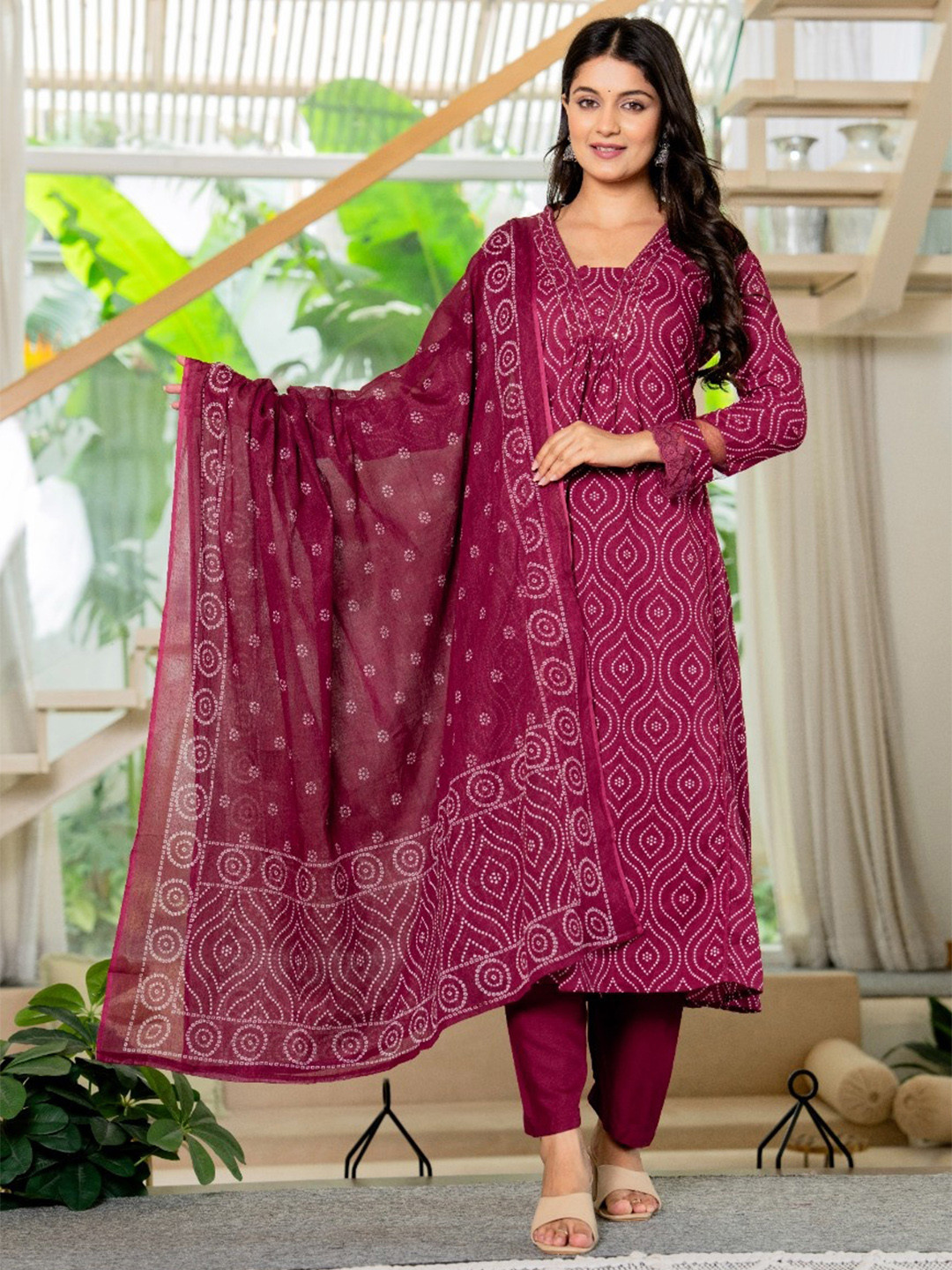 JAIPURI COLLECTION Women Bandhani Printed Cotton A-Line Kurta with Trousers & Dupatta