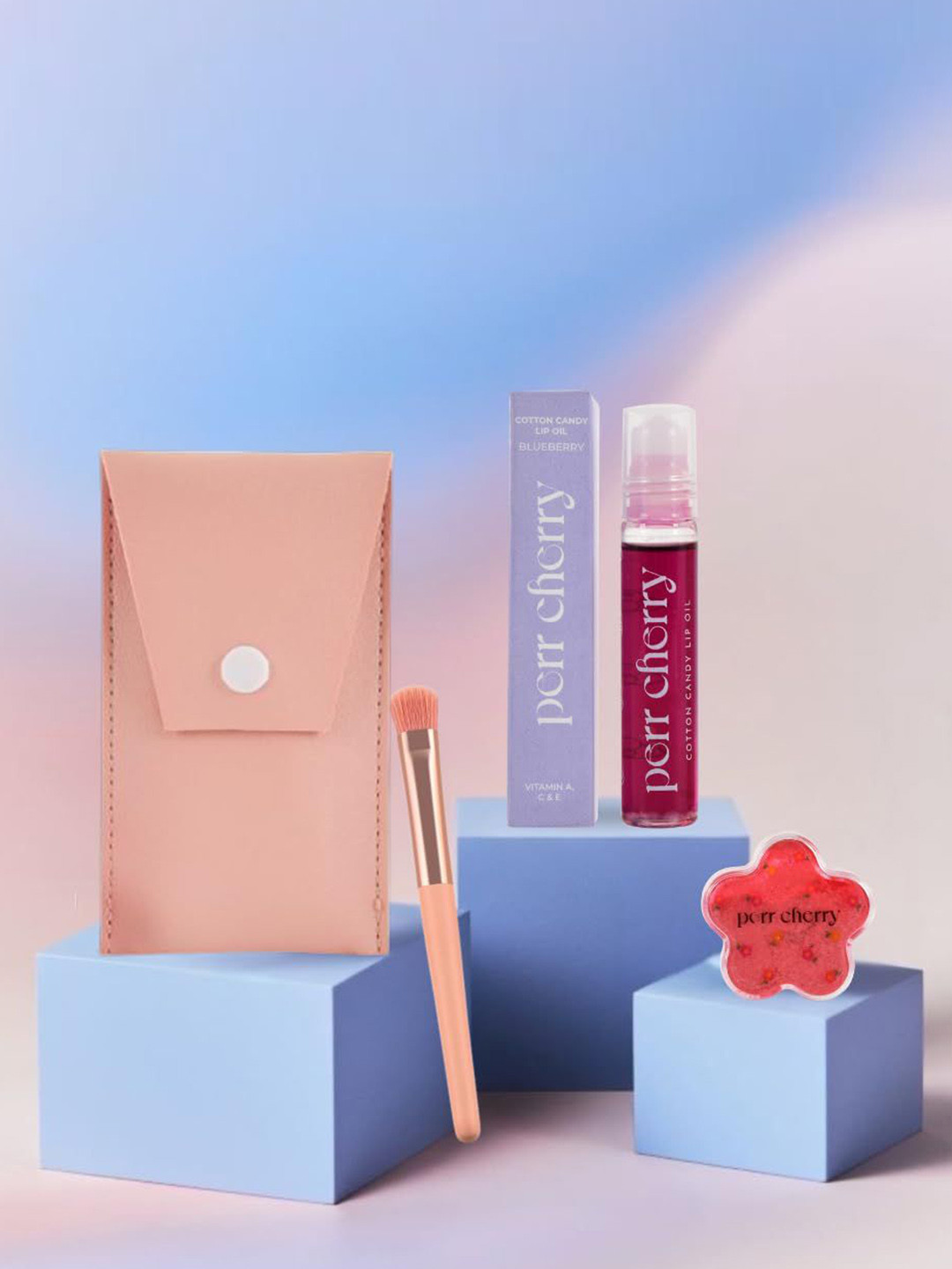 PERR CHERRY Set Of 4 Cotton Candy Lip Oil- Petal Glow Highlighter- Makeup Pouch & Brush