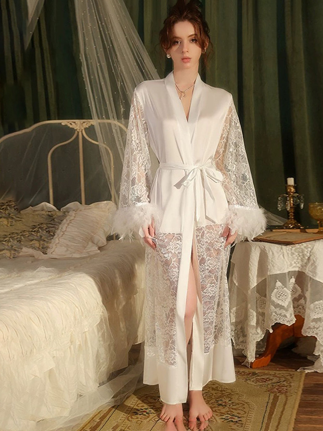 LULU & SKY Women Self Design V-Neck Long Sleeve Night Robe