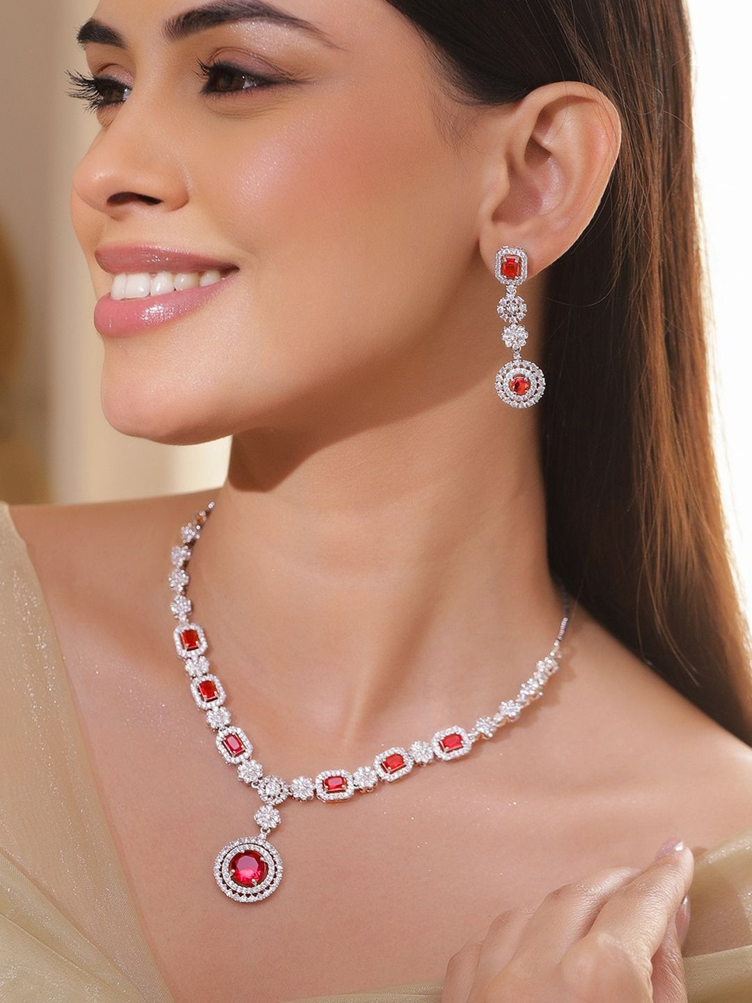 Rubans Rhodium-Plated Ruby Red Stone & Cubic Zirconia Studded Statement Necklace Set
