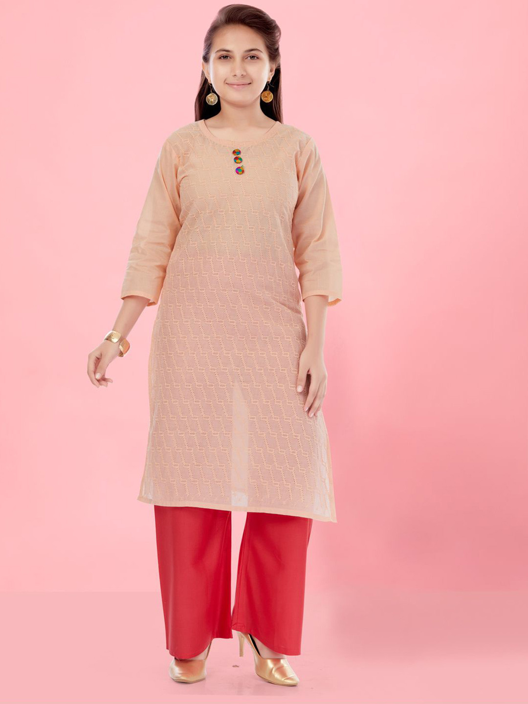 BAESD Girls Solid Round Neck Flared Sleeves Cotton Machine Weave Daily A-Line Kurta