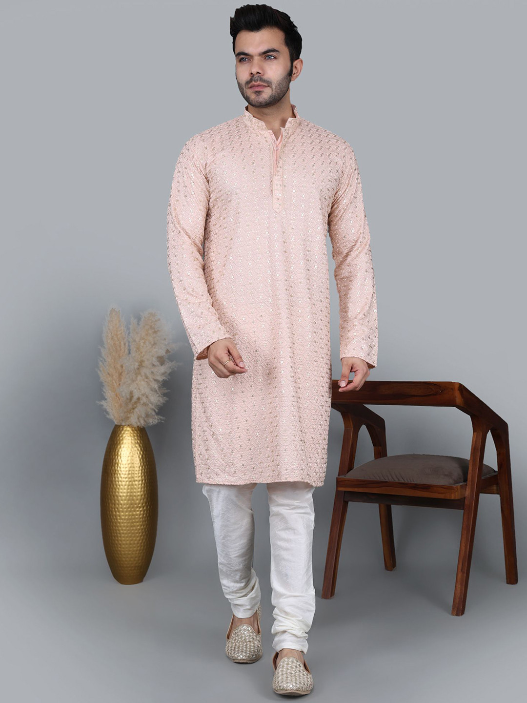 MAG Men Sequin Chikankari Embroidered Cotton Kurta With Churidar Pants