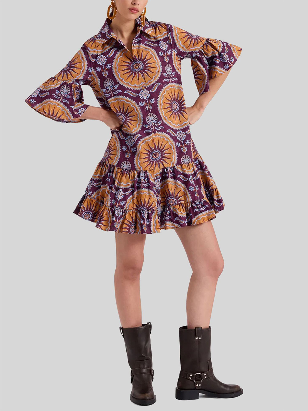 LULU & SKY Women Printed Bell Sleeves Ruffled Shirt Mini Dress