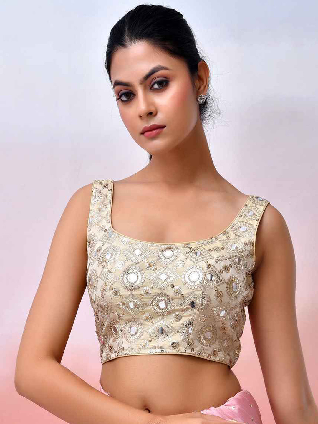 Amodini Designer Studio Women Embroidered Sequined Mirror Work Saree Blouse