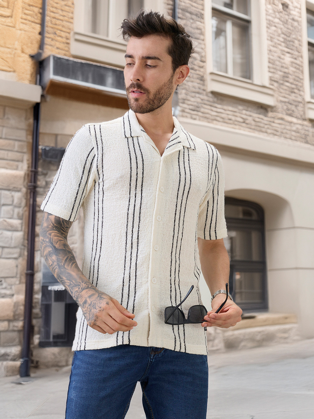 Status Quo Striped Cuban Collar Standard Regular Fit Casual Shirt