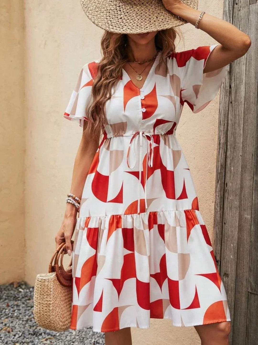 Elchic Women Printed Flared Sleeve Crepe Fit and Flare Dress