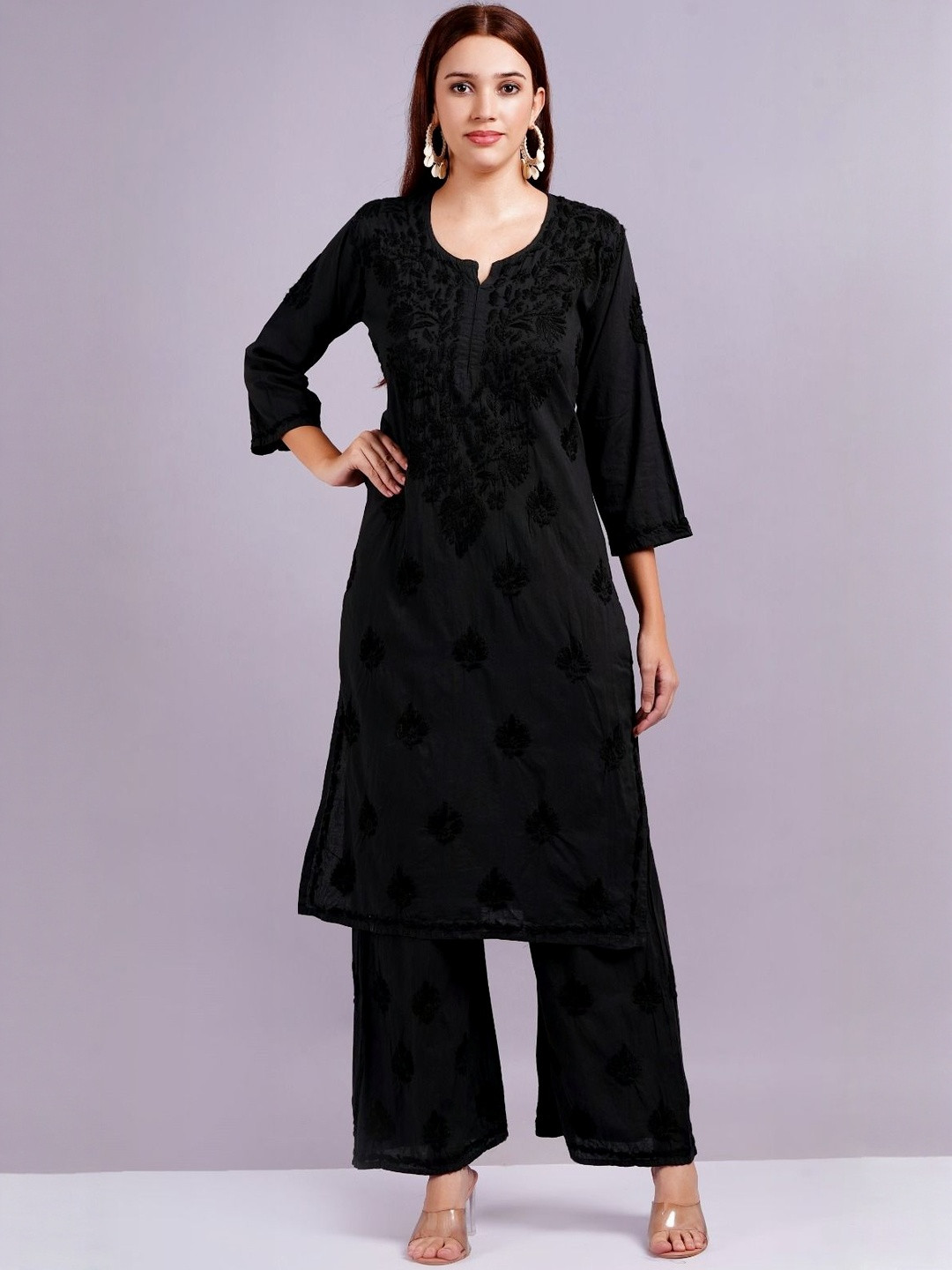 MRS RIGHT Ethnic Motifs Embroidered Thread Work Straight Kurta With Palazzos