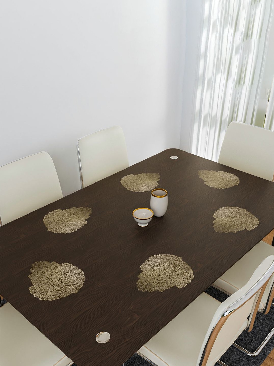 Aura Gold-Toned 4 Pieces Self-Design Leather Patta Shaped Table Placemats