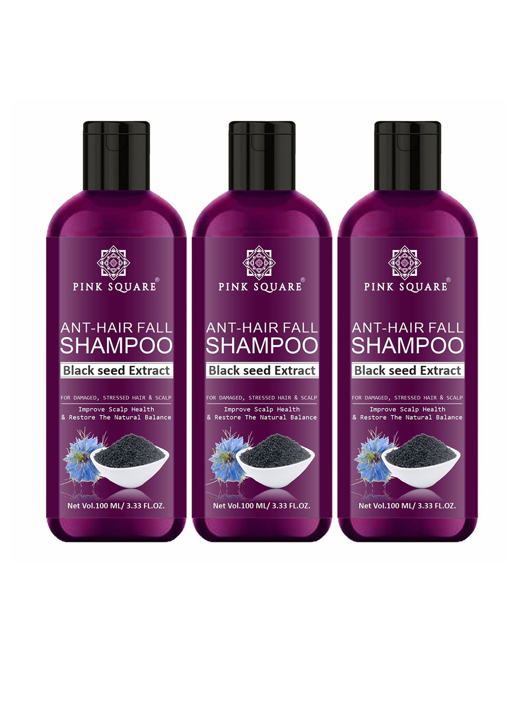 Pink Square Set Of 3 Anti-Hair Fall Hair Shampoo With Black Seed - 100 ml Each