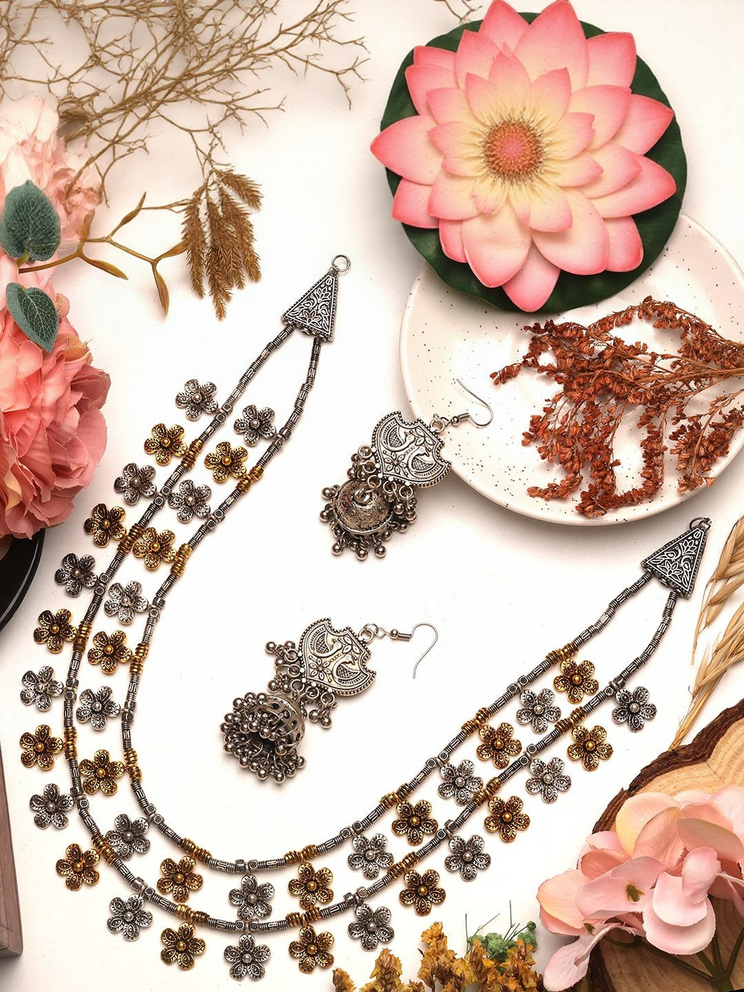 VEDAJ Women Silver Plated Oxidised Necklace and Jhumka Earrings