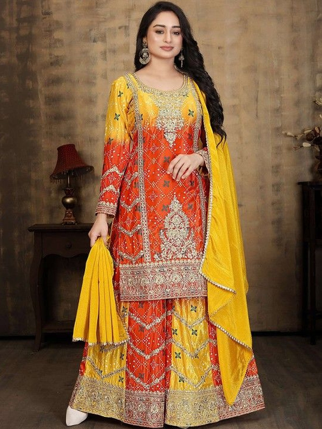 Miss Ethnik Women Leheriya Printed Regular Thread Work Kurta with Sharara & With Dupatta