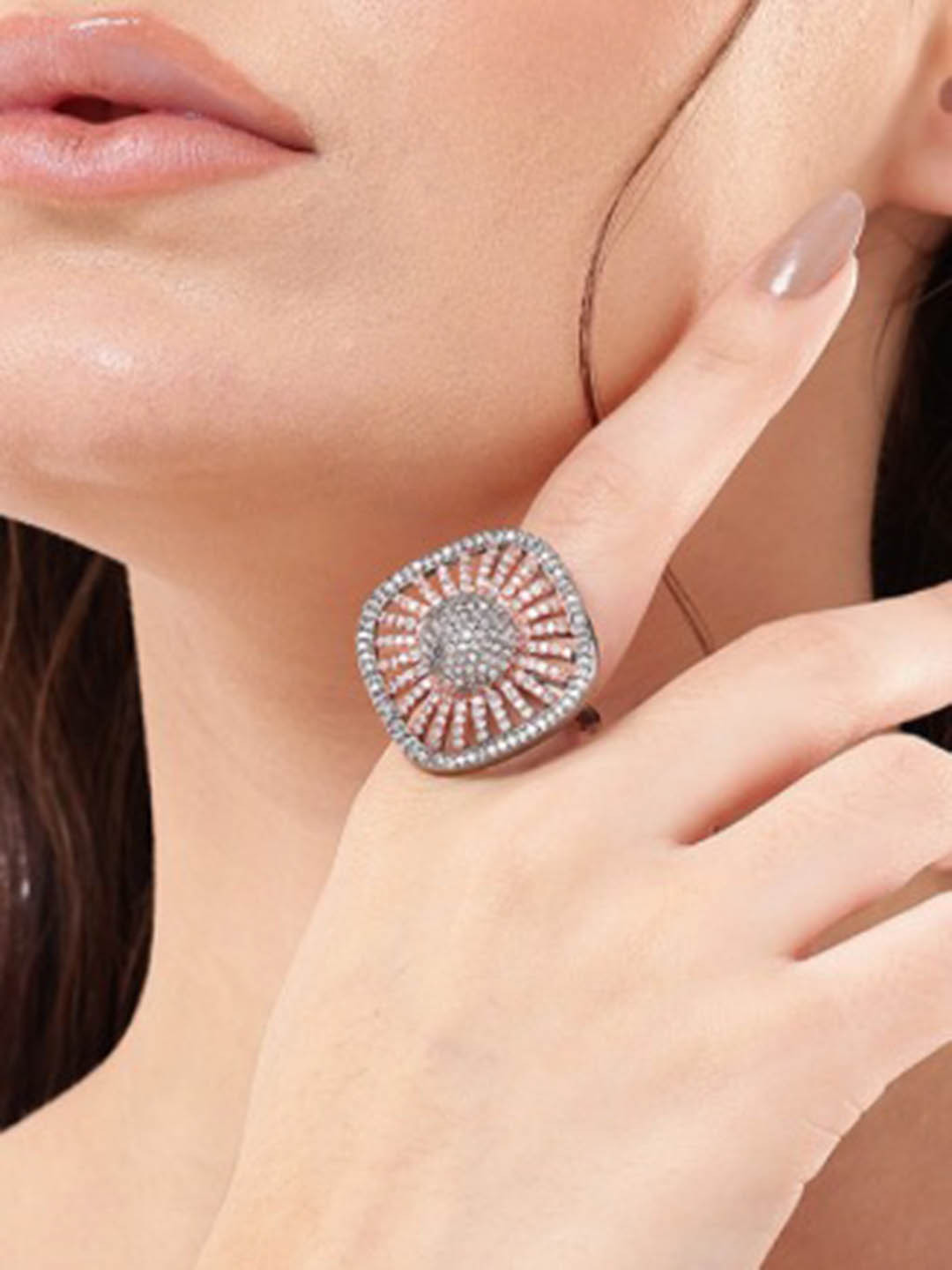 Nuyug Women CZ Studded Rhodium Plated Aura Ring