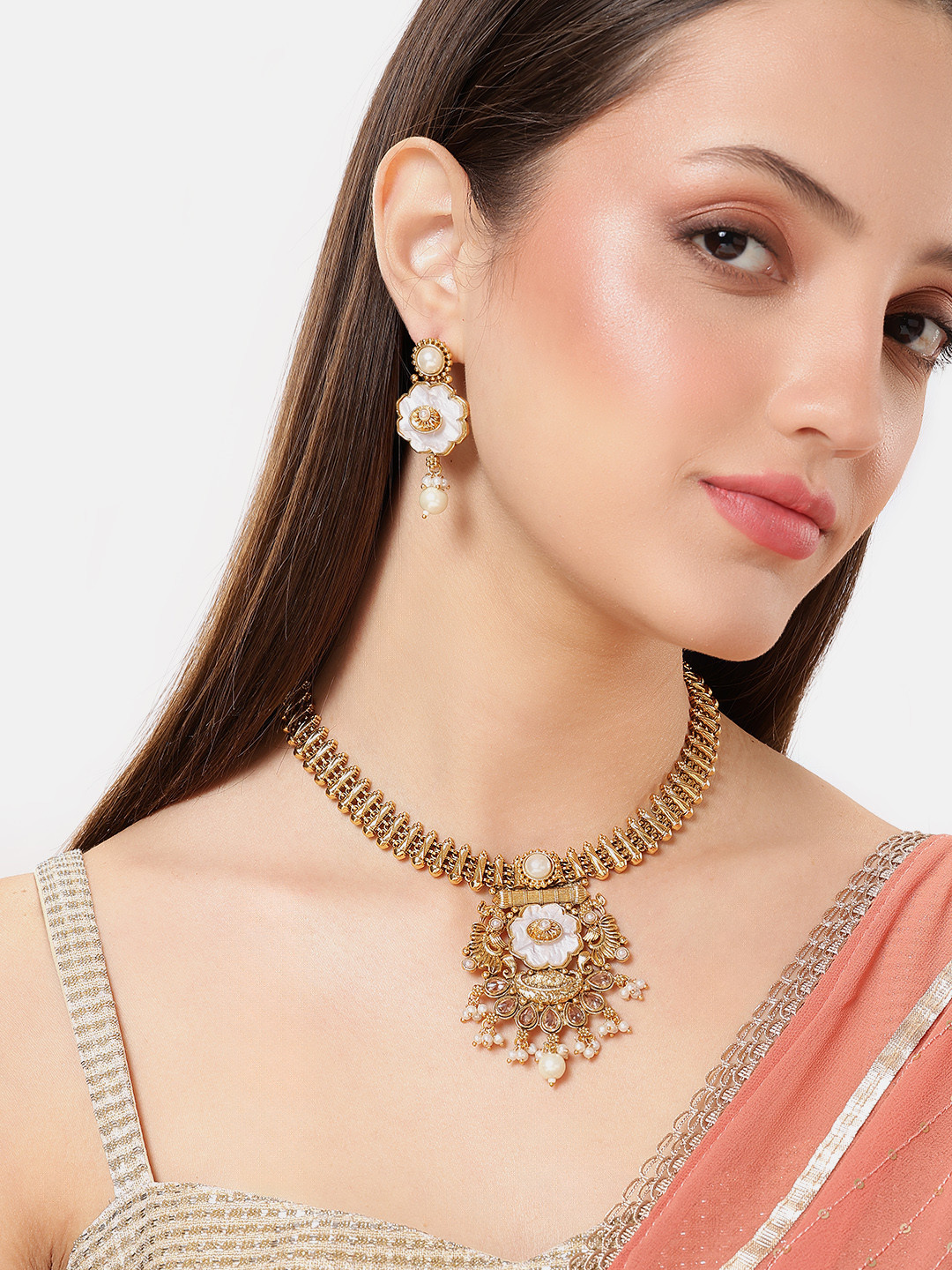 Lavish Giftz Gold Plated Handcrafted Mother Of Pearl Stone Studded Jewellery Set