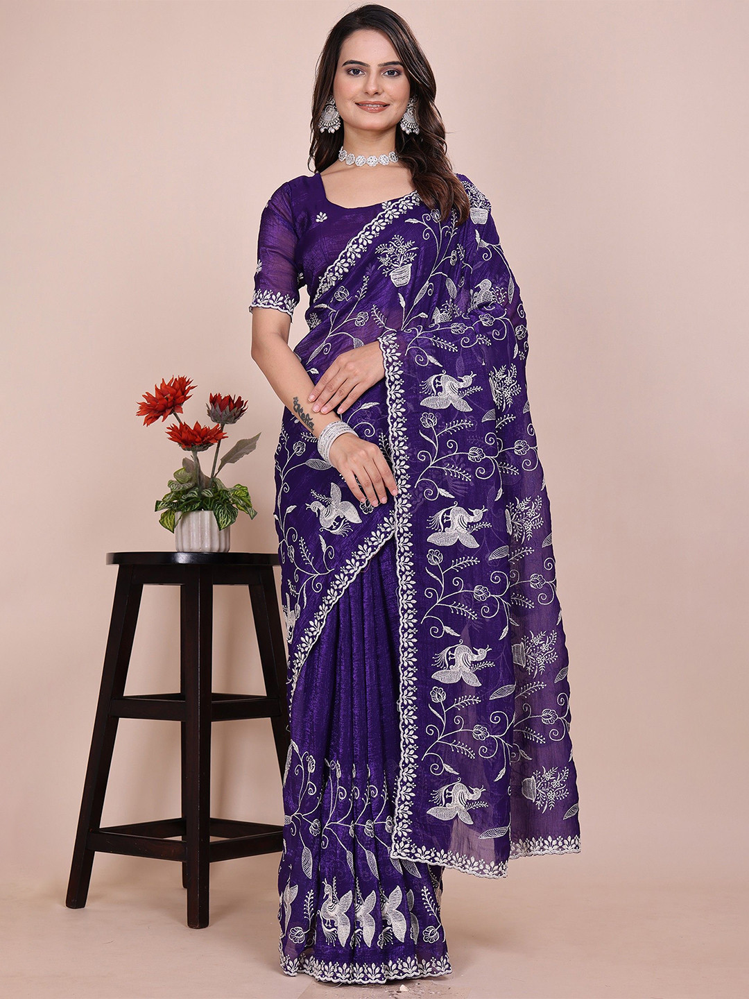 K 5 Fashion Ethnic Motifs Embroidered Heavy Work Saree