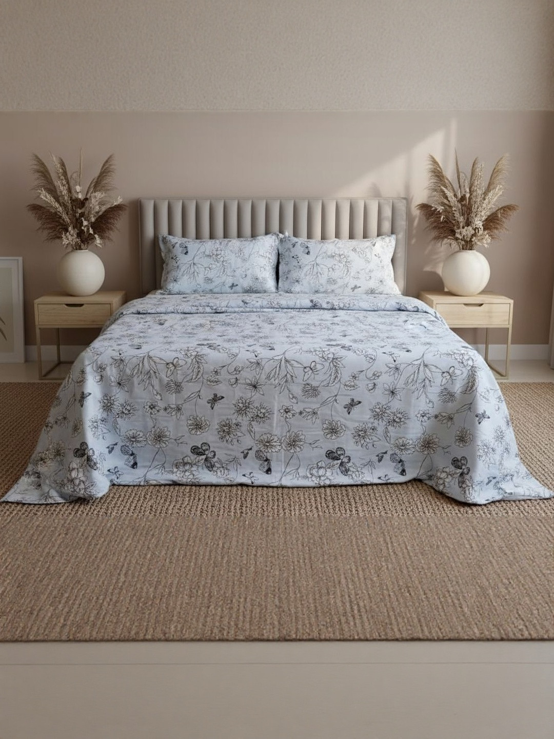 Signature Blue Floral 120 TC King Bedsheet with 2 Pillow Covers