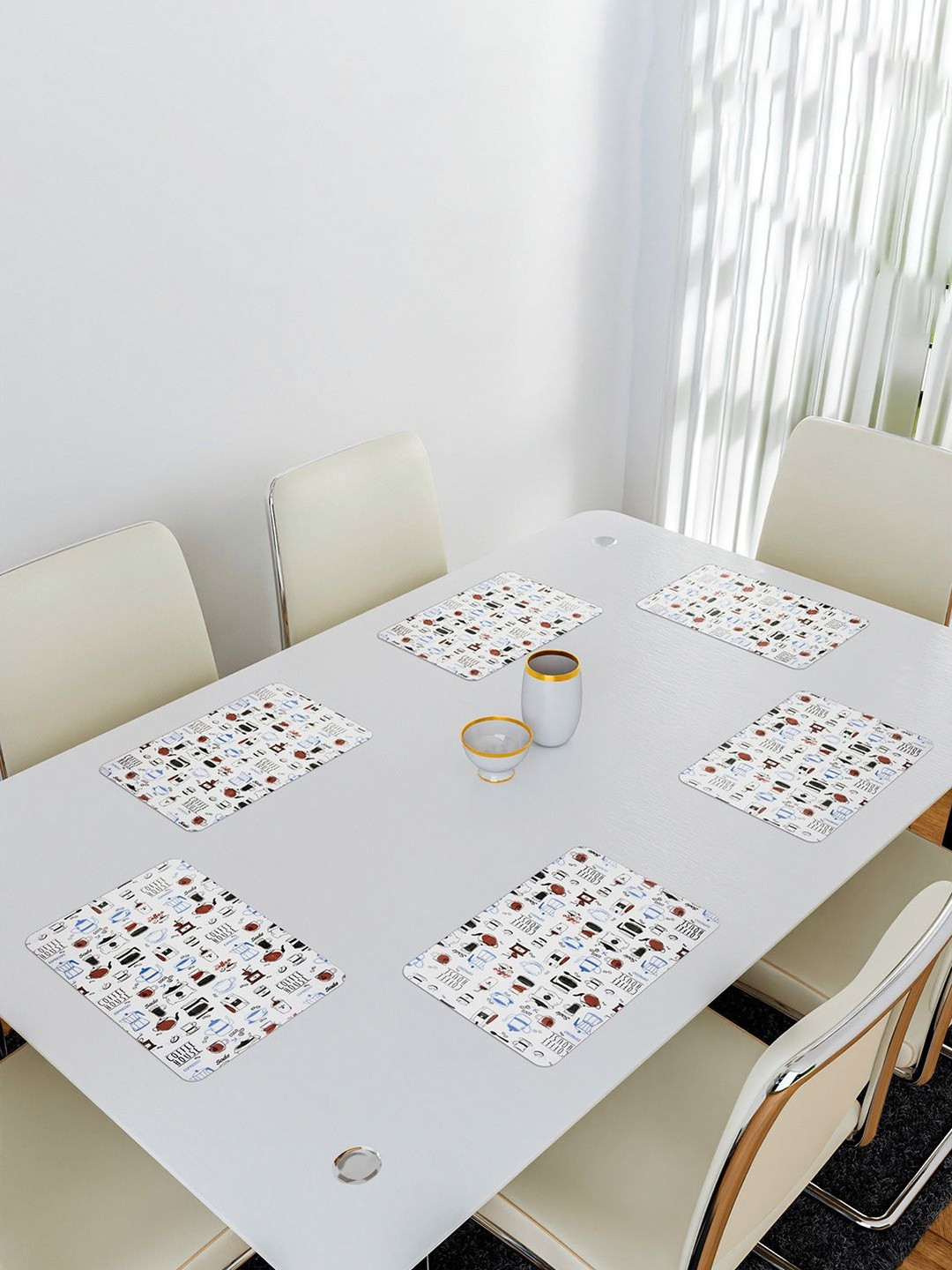 Aura White & Blue 6 Pieces Coffee House Non-Slip Heat-Resistant Table Placemats