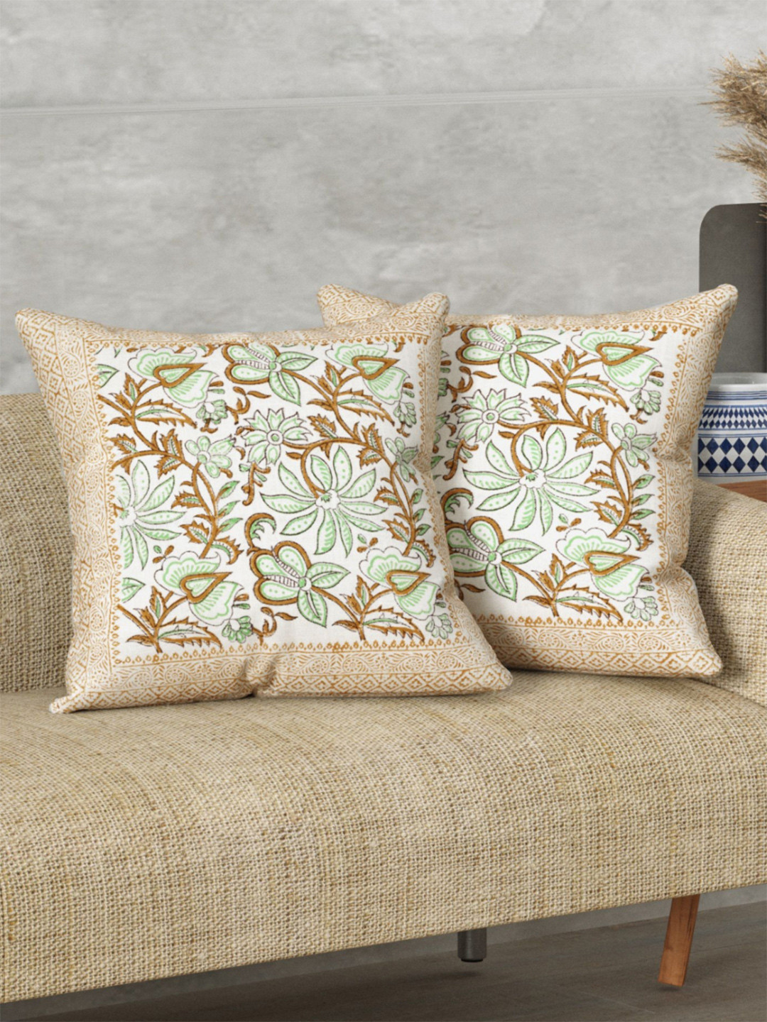 LIVING ROOTS Set Of 2 Floral Hand Block Printed Heavy Slub Cotton Cushion Covers