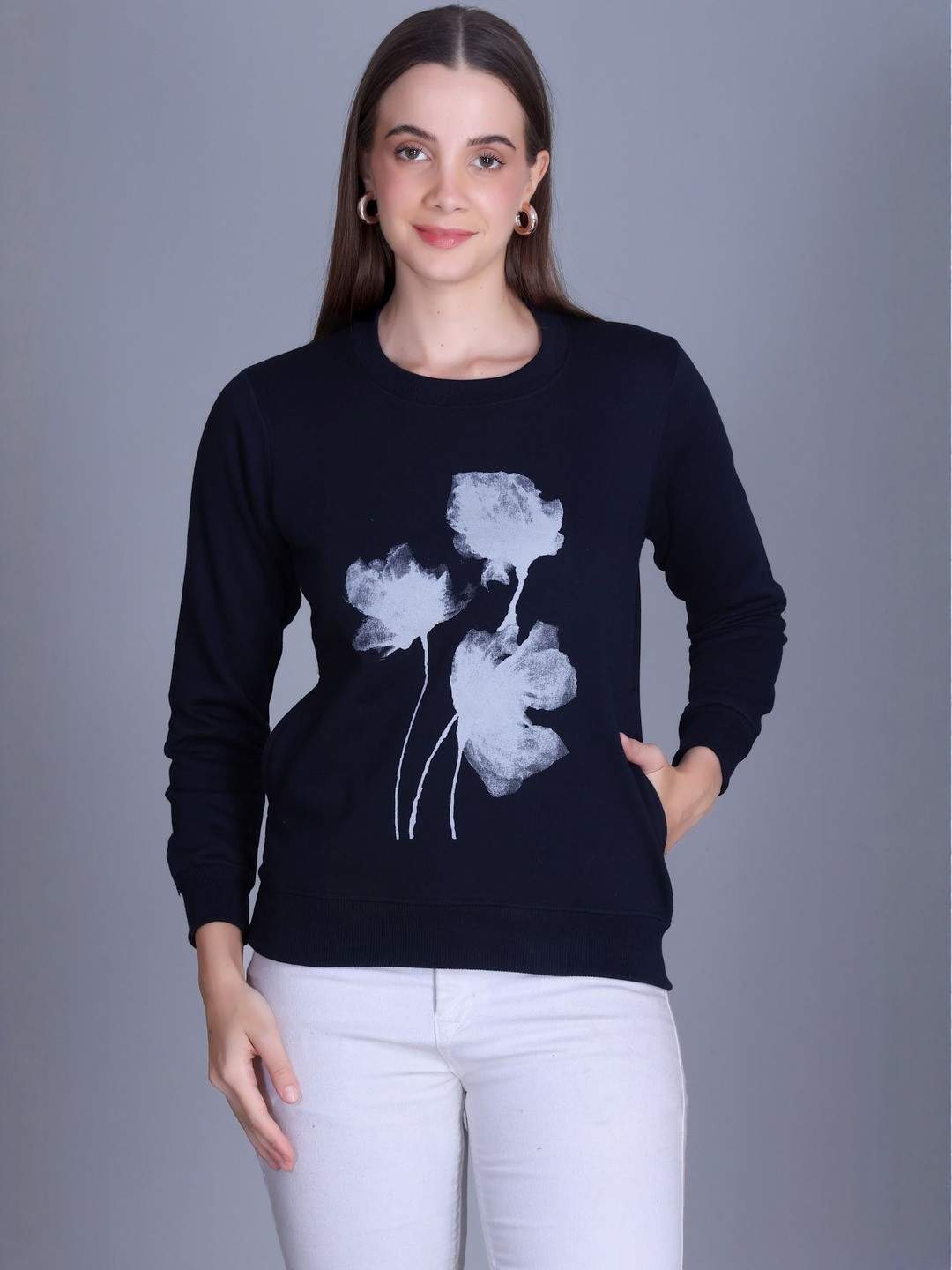 HERE&NOW Women Round Neck Tree Printed Fleece Sweatshirt