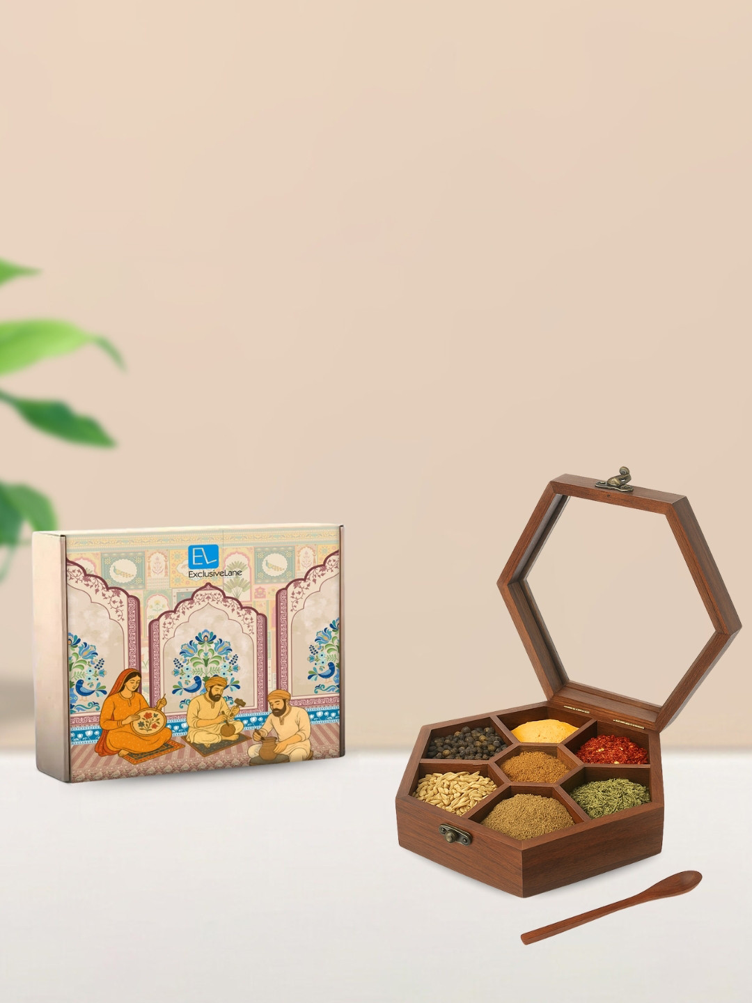 ExclusiveLane Brown Solid Handcrafted Sheesham Wooden Hexagonal Spice Box With Spoon