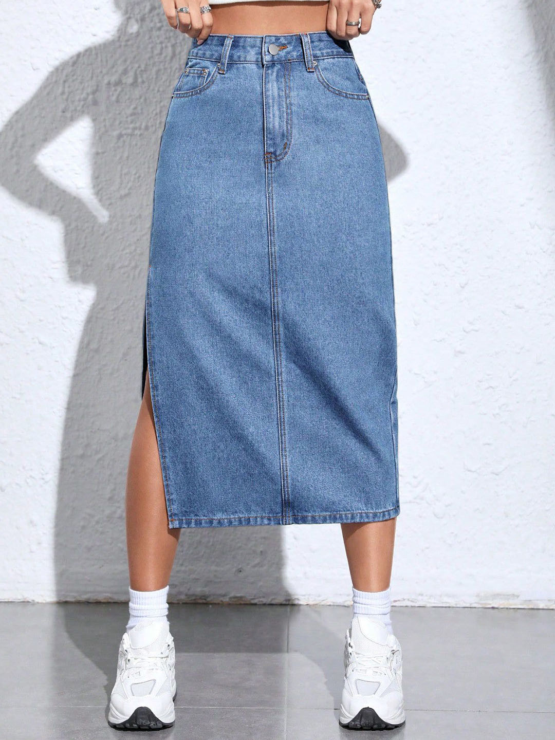 AAHWAN Women A-Line High Waist Side Slit Midi Skirt
