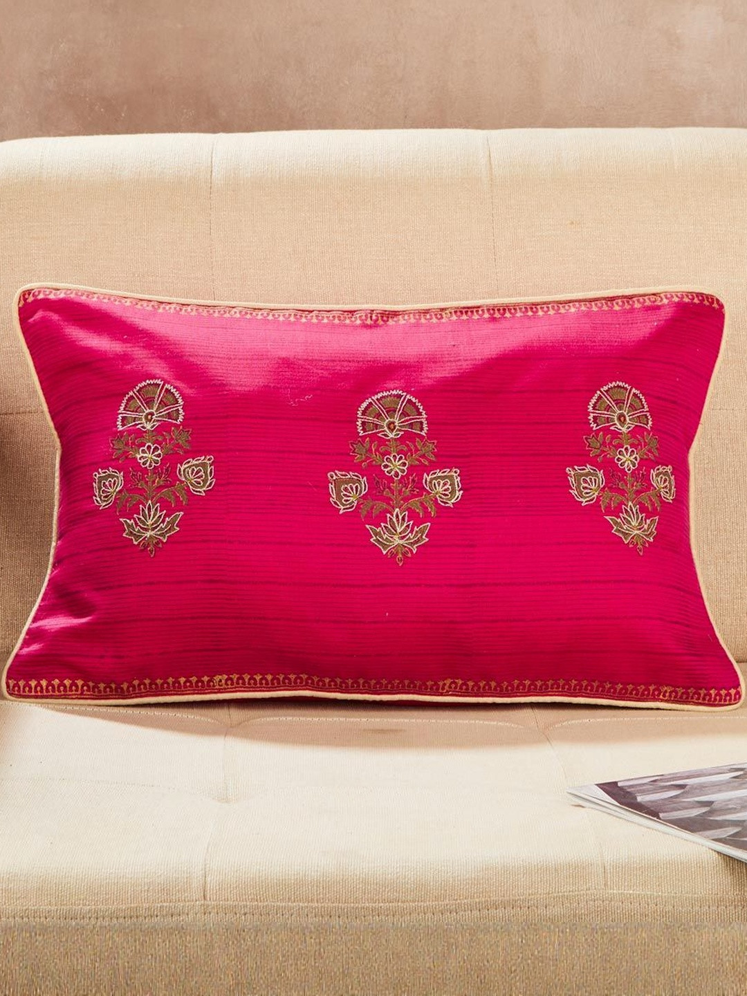 Fabindia Naisha Pink & Beige Embroidered Rectangle Cushion Cover