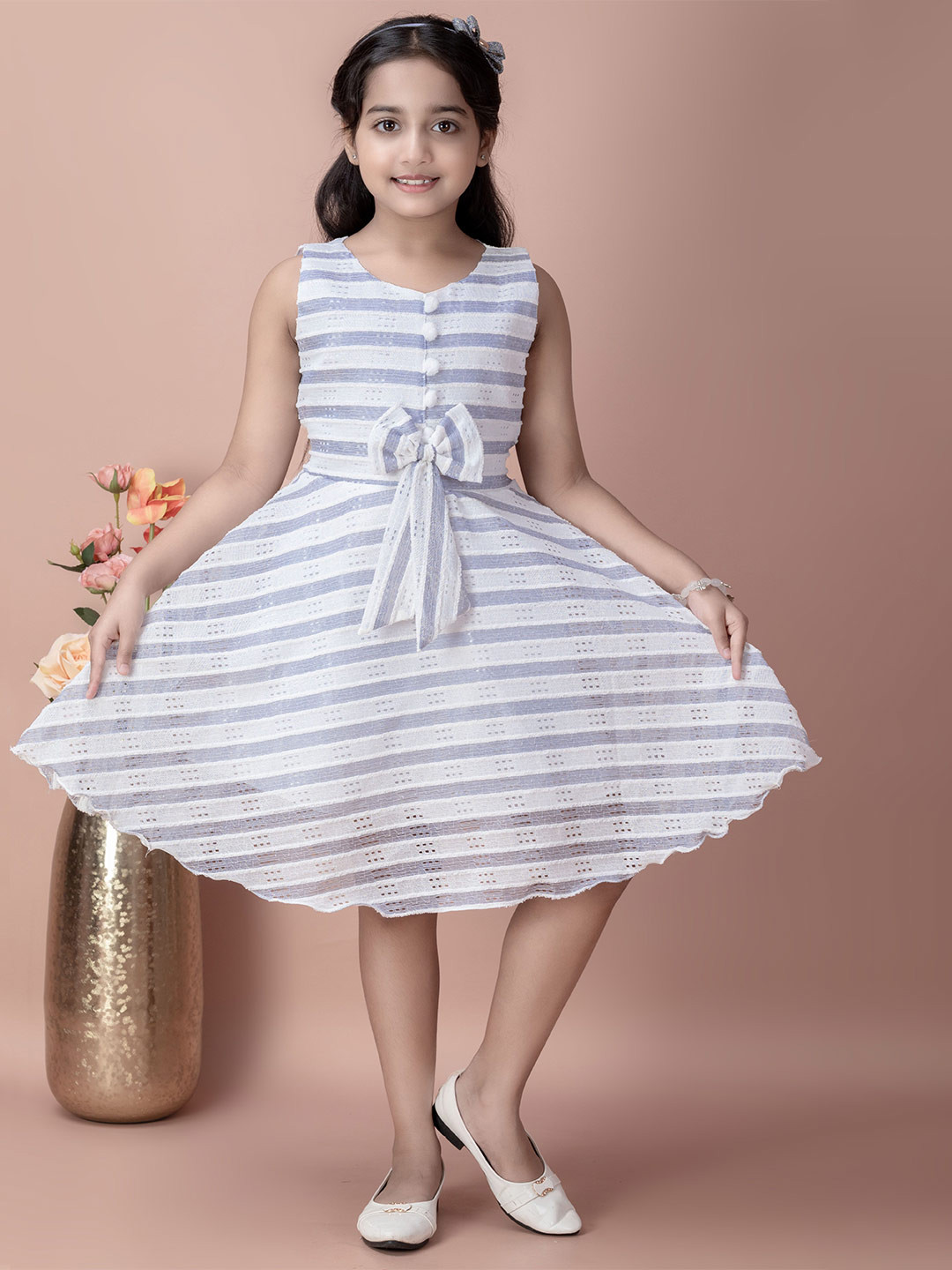 BARKAT DESIGNING PLANET Girls Striped Printed Pom-Pom and Bow detailing A-line Dress