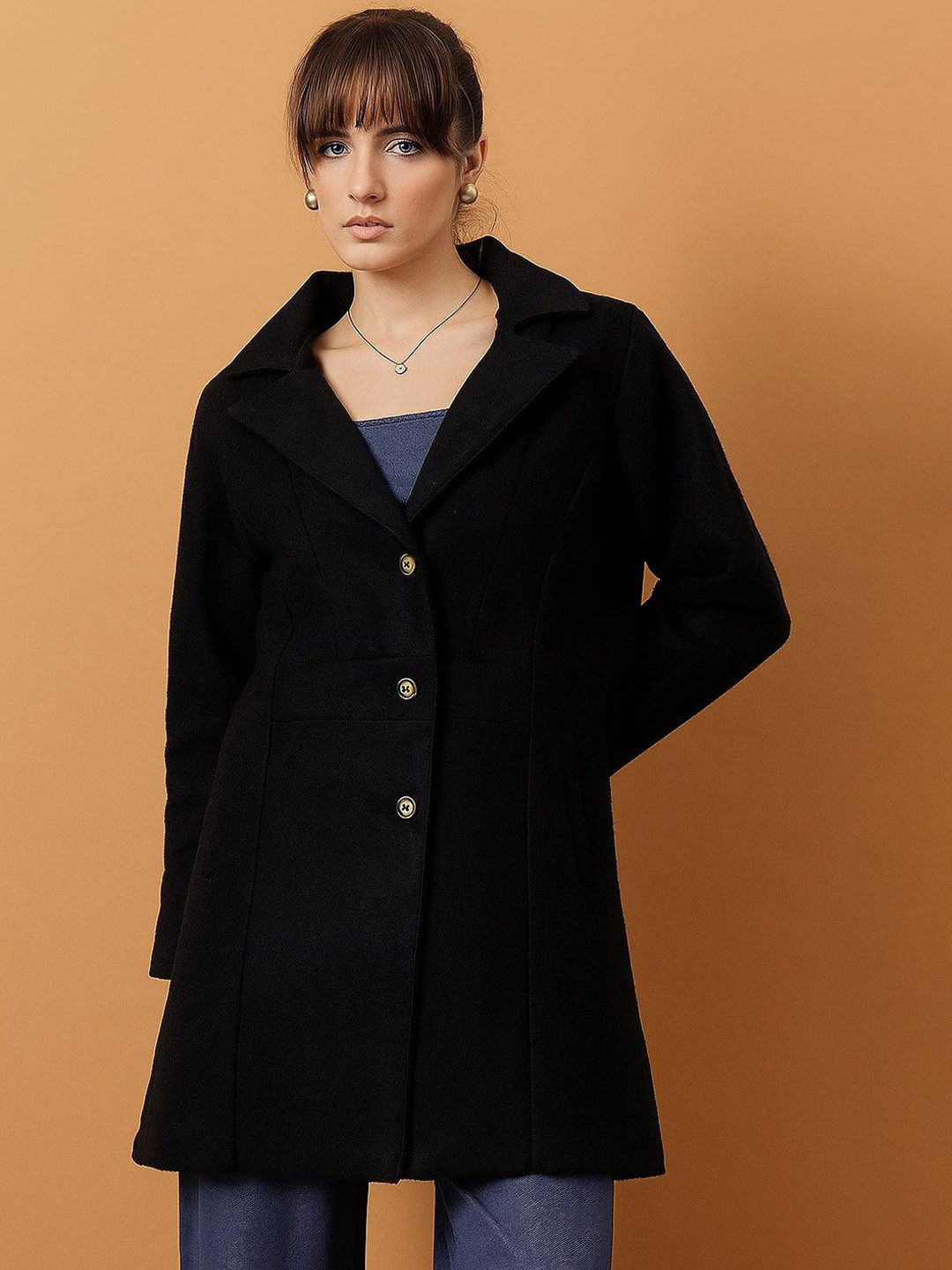R.Code by The Roadster Life Co.  Women Pure Wool Notched Lapel Collar Single-Breasted Coat