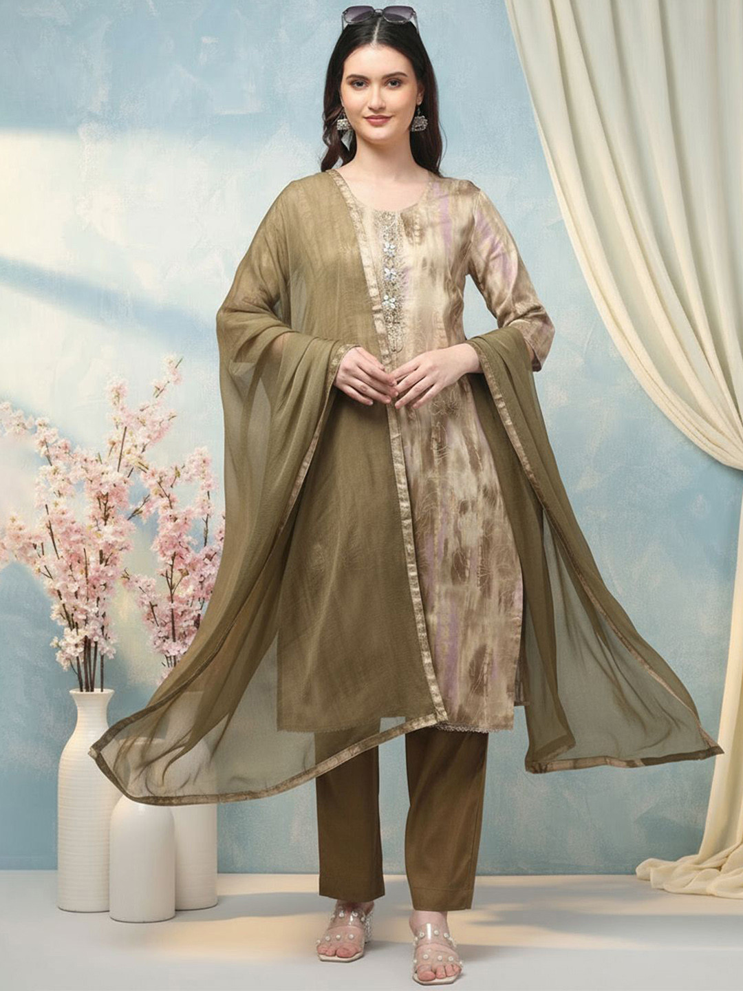 Aronita Textured Printed Thread Work Pure Cotton Kurta With Trousers & Dupatta